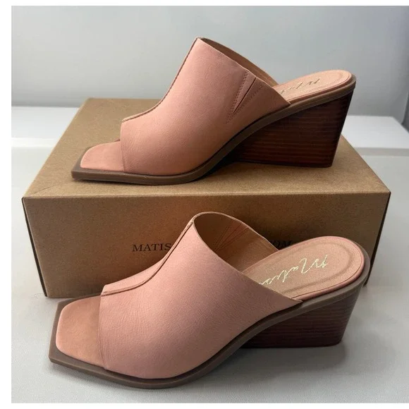 Matisse Lillie Blush Pink Leather Square Toe Wedge‎ Mules Sandals Womens 9M NEW