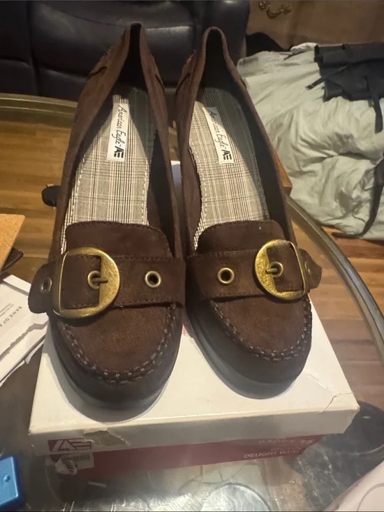 American Eagle Outfitters Brown Suede Wedge Loafers with Gold Buckle