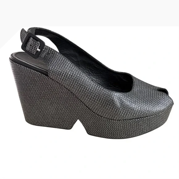 Robert Clergerie Paris Woven Metallic Platform Wedge Slingback Heels Black 40.5