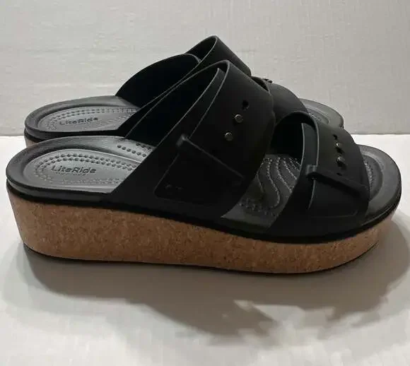 Crocs Brooklyn Cork Buckle Women's Black Platform Wedge Sandal Size W9 NWT