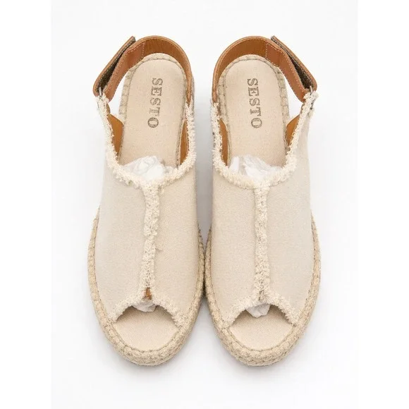 Sesto Meucci Womens Frayed Canvas Espadrille Wedge Sandals Cream Spain Size 6