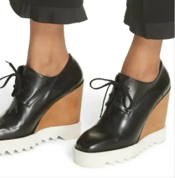 Stella McCartney Heels 7 Elyse Platform Wedge Square Toe Black Office Chic Italy