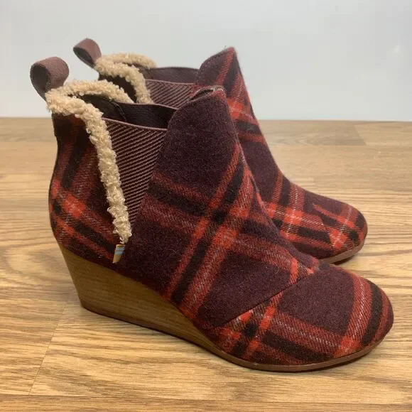 Toms Kelsey‎ Women's Pump Wool Plaid Red Brown Wedge Bootie Size 9