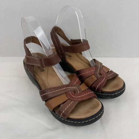 Clarks Collection Soft Cushion Brown Leather Wedge Sandals 7W 261258895045