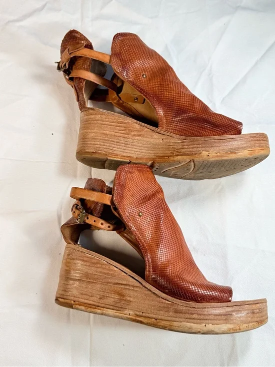 A.S.98 Cognac Snake-Embossed Leather Platform Wedge Sandal Booties