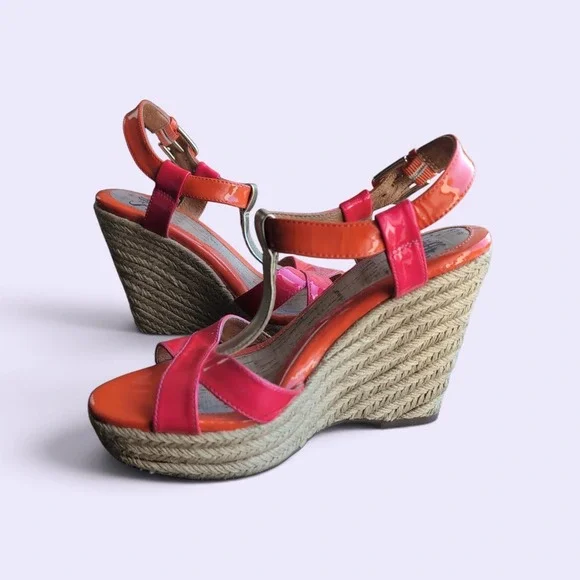 Sofft Espadrille Wedge Sandals Womens 8M Orange Pink Patent Leather T-Strap