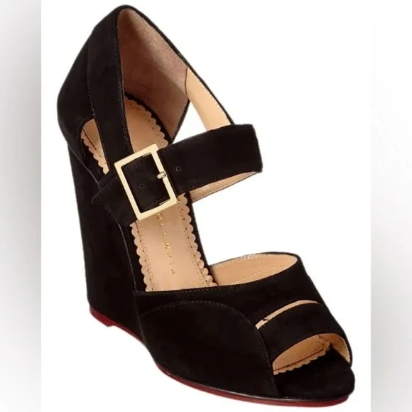 EUC CHARLOTTE OLYMPIA MARCELLA 100 SUEDE WEDGE IN BLACK