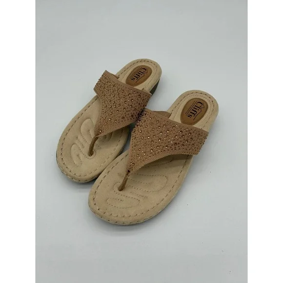 Cliffs by White Mountain Womens Tan Rhinestone Wedge Thong Sandals Size 8.5