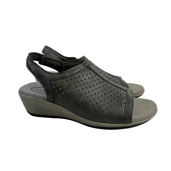 Orthofeet Hazel Wedge Sandal Gray Perforated Faux Leather Comfort 62021 Womens 7