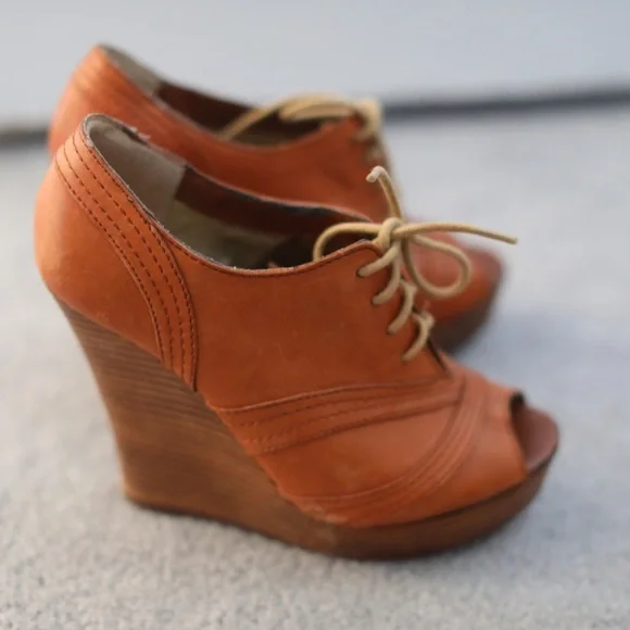 Anthropologie Tan Orange Suede Lace-Up Peep-Toe Wedges