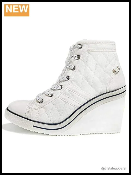Women's Quilted Canvas Lace-Up Wedge Sneakers High Heel 3.5