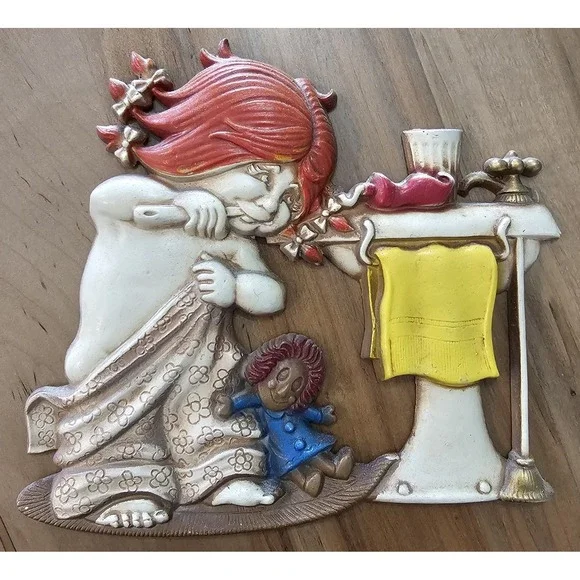 Vtg‎ 1974 Sexton Cast Metal Little Girl & Raggedy Anne Doll Bathroom Wall Decor