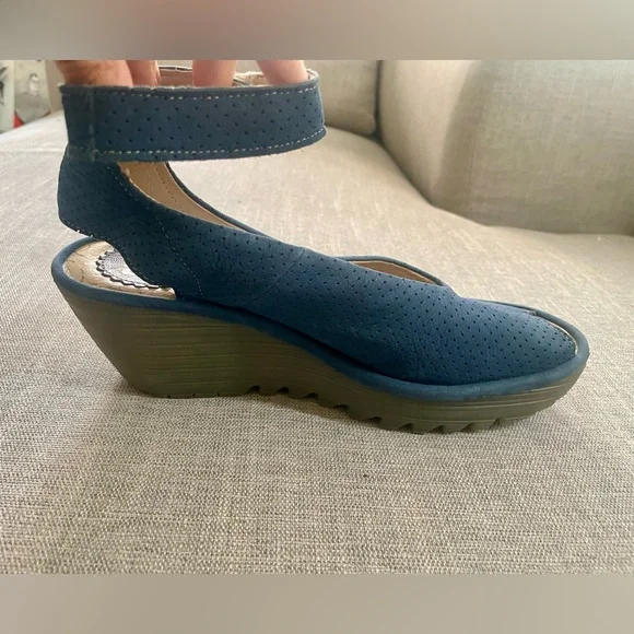 Fly London Navy Perforated Ankle-Strap Wedge