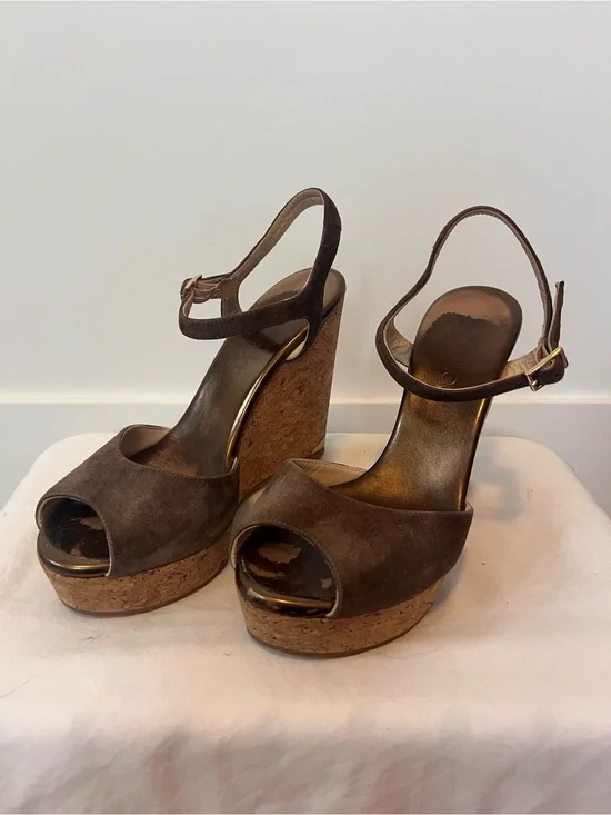 Jimmy Choo Brown Suede Cork Platform Wedge Sandals with Ankle Strap