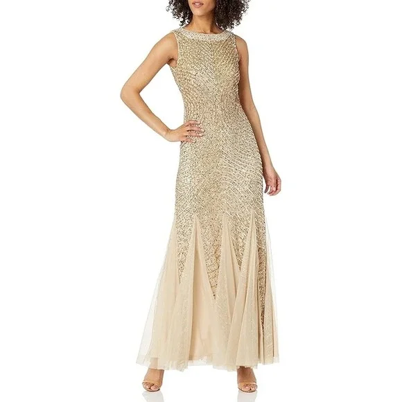 Aidan Mattox Womens Gold Sequined Gown with Godets Dress Size 4  Formal. NWT