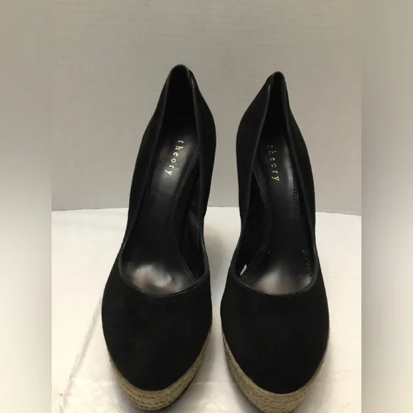 Theory Black Espadrille Wedge Pumps