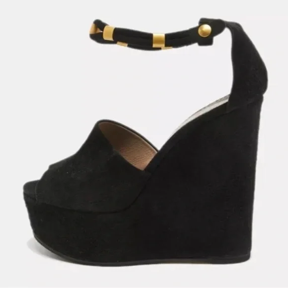 Chloe Black Suede Platform Wedge Sandals with Gold Accent