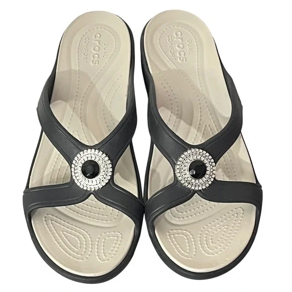Crocs Sanrah Embellished Wedge Sandals Womens 11 Black Jeweled Medallion Strappy