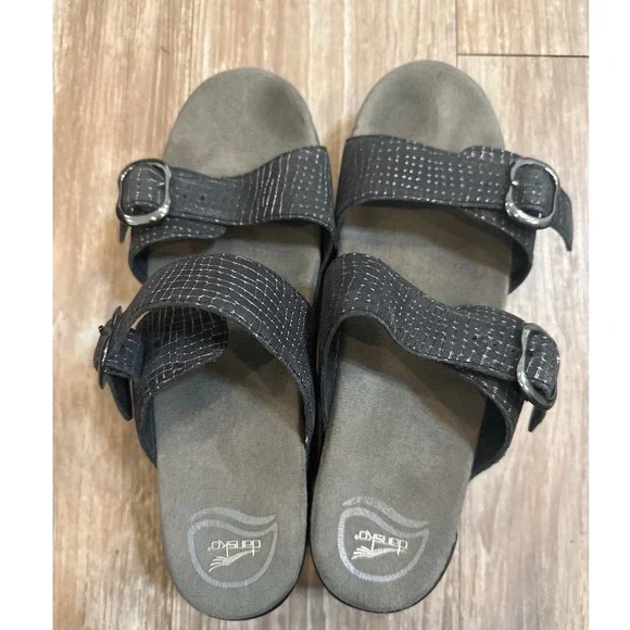 Dansko‎ Women 39 Metallic Grid Leather Double Buckle Slide Wedge Sandals 8.5-9