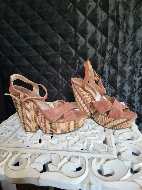 BCBG Rust and Multi-Stripe Platform Wedge Sandals