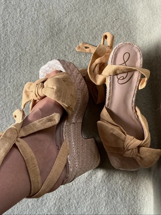 Sam Edelman Tan Knotted Espadrille Platform Wedges with Ankle Wraps