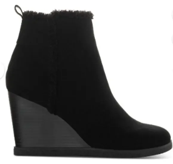 Sun + Stone Camillia Black Faux Suede Ankle Wedge Boots size 6.5 New in box
