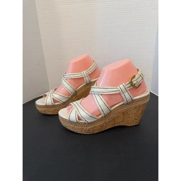Prada White Whipstitch Leather Espadrille Platform Wedge Sandals Sz 7.5