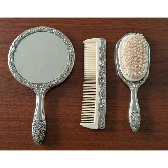 Vintage Silver Plated Vanity Set‎ Mirror Brush Comb 3 Piece Victorian Ornate