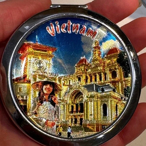 Vietnam Souvenir Compact Mirror Silver Tone Folding Dual Mirror‎ 3D Relief Art