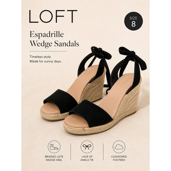 LOFT‎ Espadrille Wedge Sandals Women 8 Black Lace Up Ankle Tie Suede Jute Heel