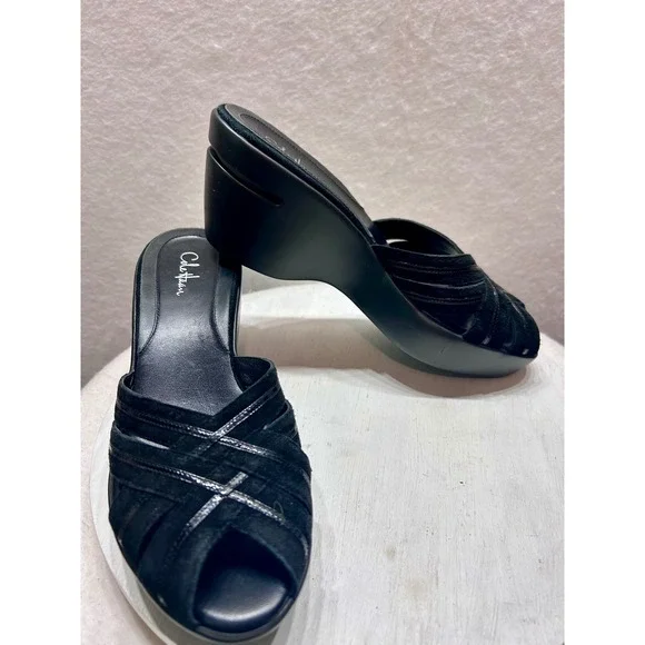 Cole Haan Black Suede Patent Leather Platform Wedge Sandals 8AA D22311