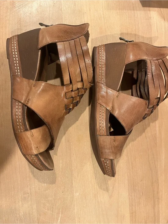 Antelope Cognac Braided Leather Wedge Sandals