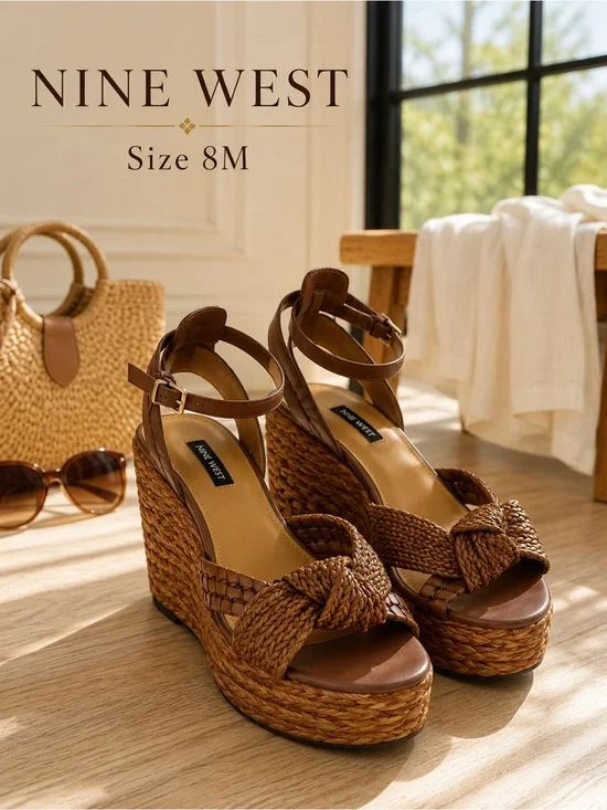 Nine West 8M Cognac Brown Braided Knot Platform Wedge Sandals