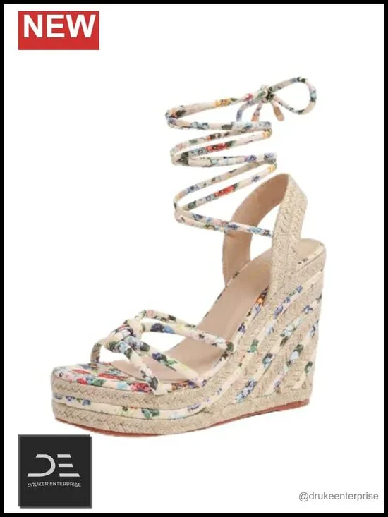 Women's Espadrille Wedge Sandals Flower Pattern Lace-up Crisscross Strap Open