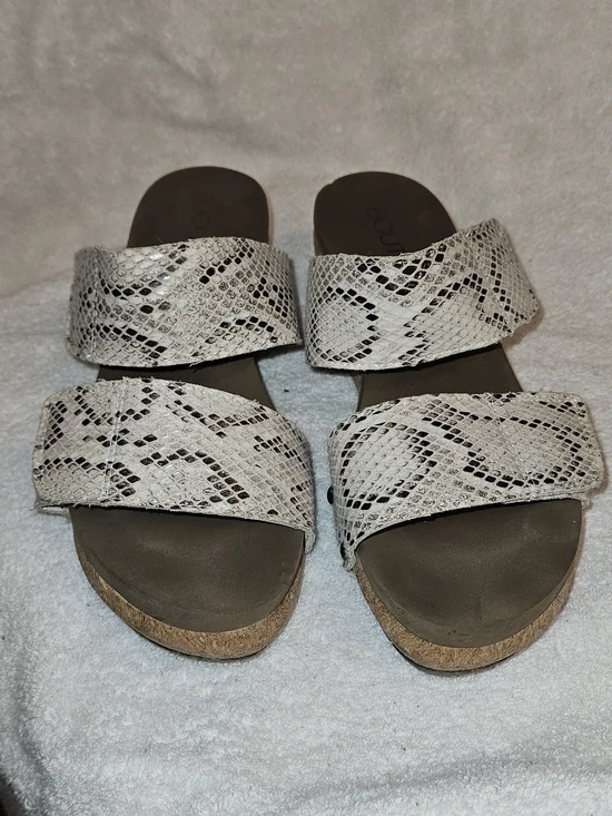Double-Strap Snake-Print Wedge Slide Sandals in Cream