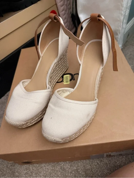 Michael Kors Cream Canvas Espadrille Wedges with Tan Ankle Tie