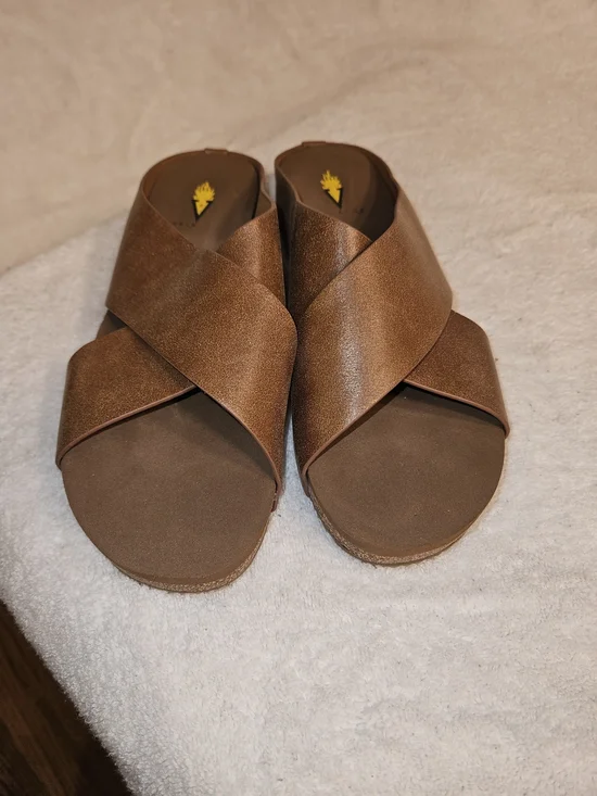 Volatile Brown Crisscross Slide Wedges