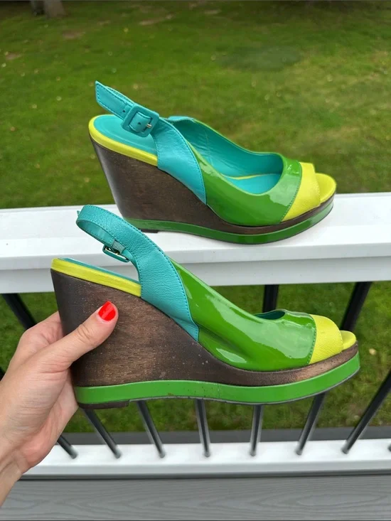 Boden Colorblock Patent Leather Slingback Wedge Sandals Green Blue Yellow
