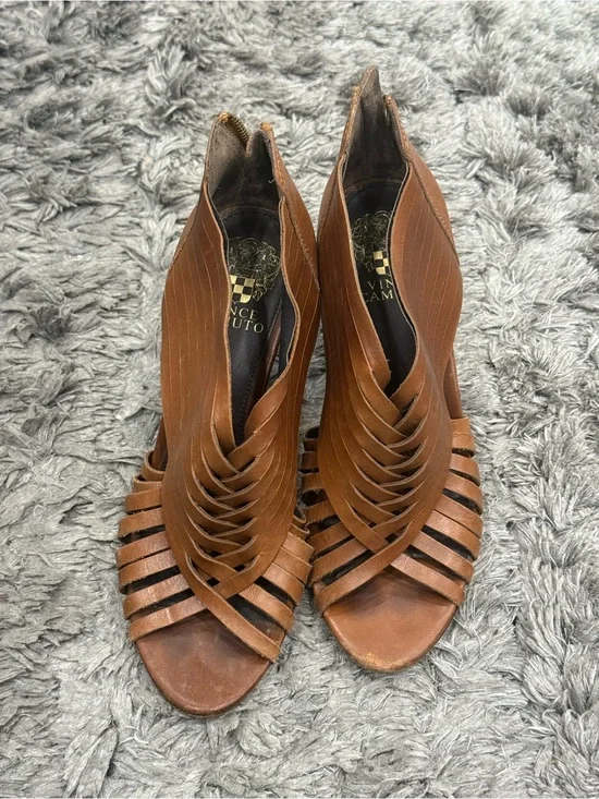 Vince Camuto Wedge Heels Brown Leather Peep Toe Zip Strappy