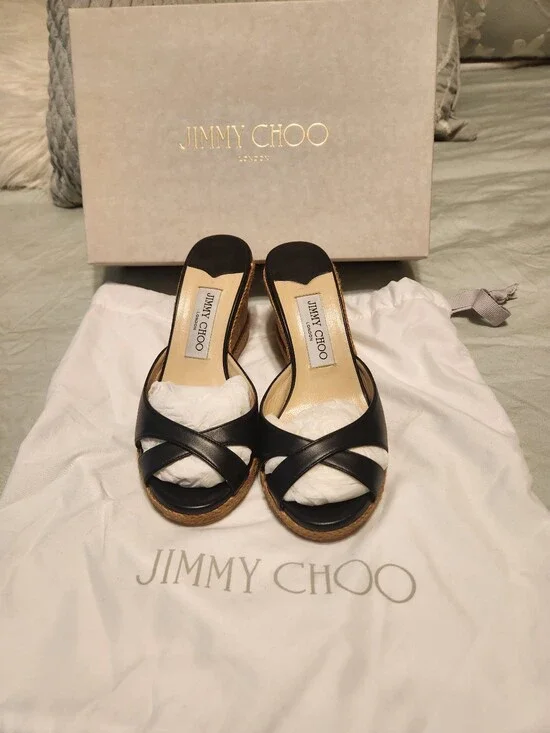 Jimmy Choo Black Leather Crisscross Espadrille Wedges