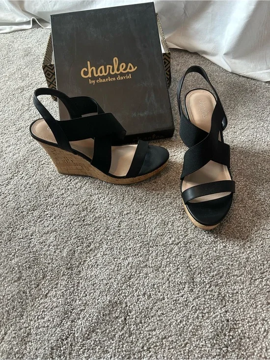Charles By Charles David Black Strappy Cork Wedge Sandals