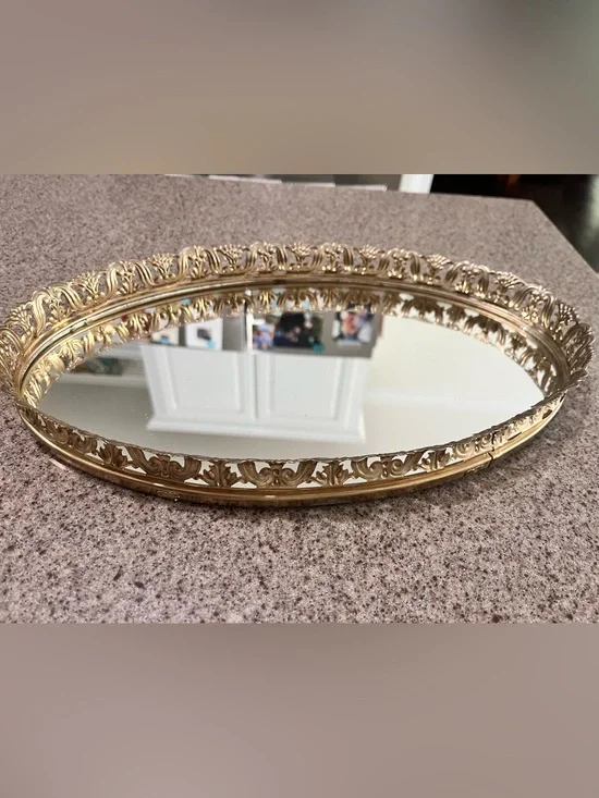 Vintage Ornate Gold Decorative Oval Vanity Mirror Tray Hollywood Regency Style