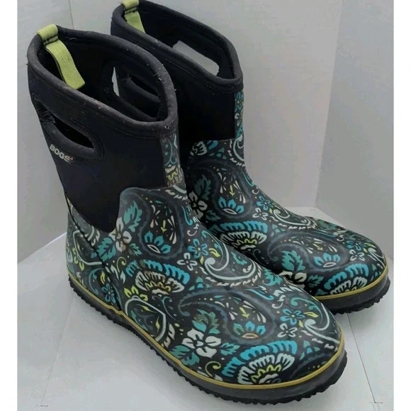 Bogs Mid Tuscany Pull On Boots Sz 11 Blue Floral Muck Barn Chore Utility