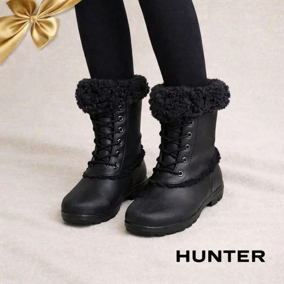 Hunter Shearling Lined Lace-Up Rubber Boots Sz 10F/9M