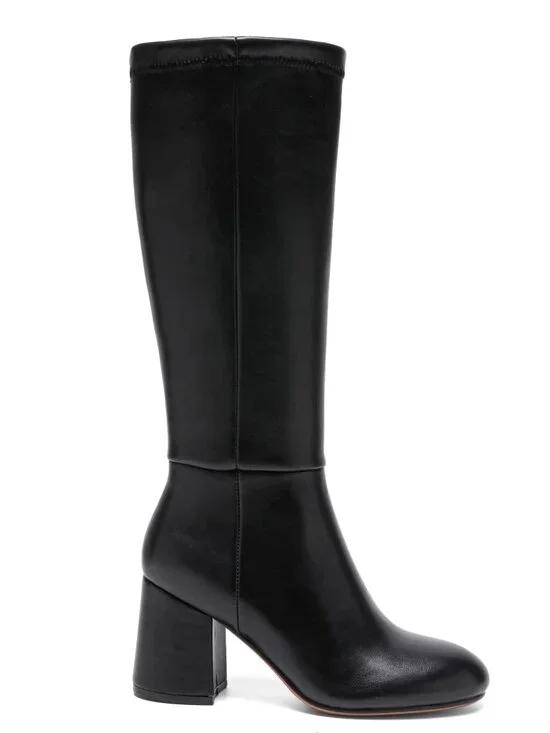 Fjqnxgy Size 9.5 Boots Knee High PU Leather Black Almond Toe Chunky Heel Zipper
