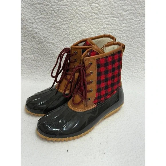 Totes Women's‎ Plaid Duck Boots Black Red Waterproof Winter Warm Size Medium