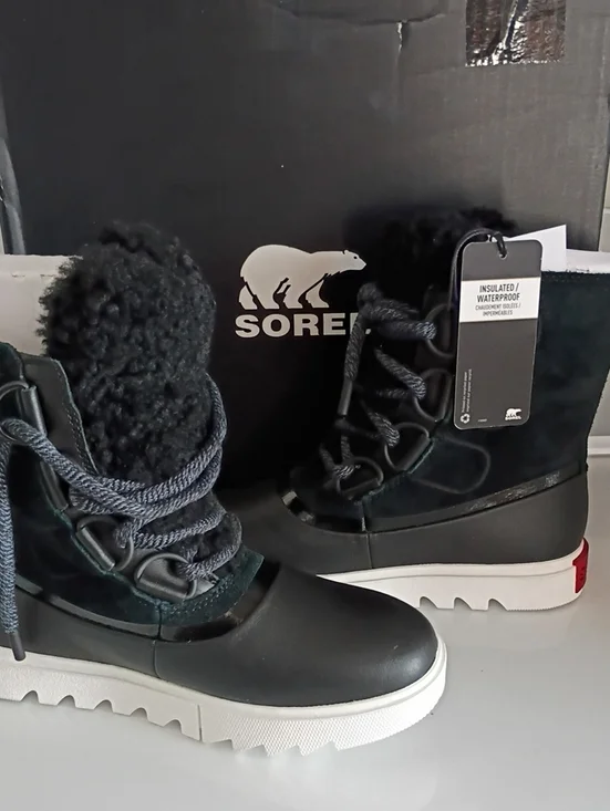 Sorel Black & White Waterproof Sherpa-Trim Lace-Up Winter Boots