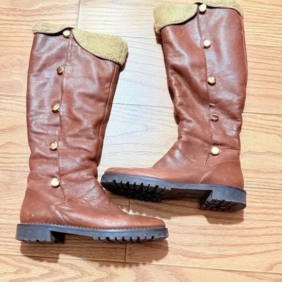Michael Kors Brown Leather Tall Riding Boots Faux Fur Lined Size 6.5
