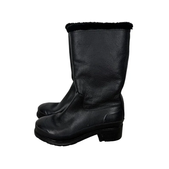 Hunter Refined Pebbled Leather Faux Fur Lined Mid Calf Rain Boots Black Womens