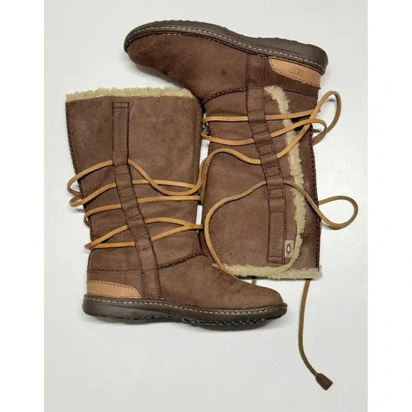 UGG Australia Sunburst Tall Brown Suede Lace Up Shearling Boots 1634 Womens 7
